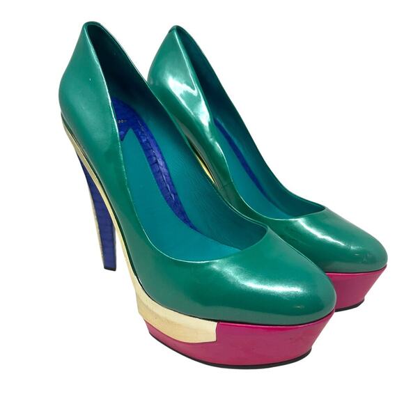 B Brian Atwood Leonida Turquoise Multi Platform Metal Gold Pump Heel Size US 10 - Picture 2 of 12